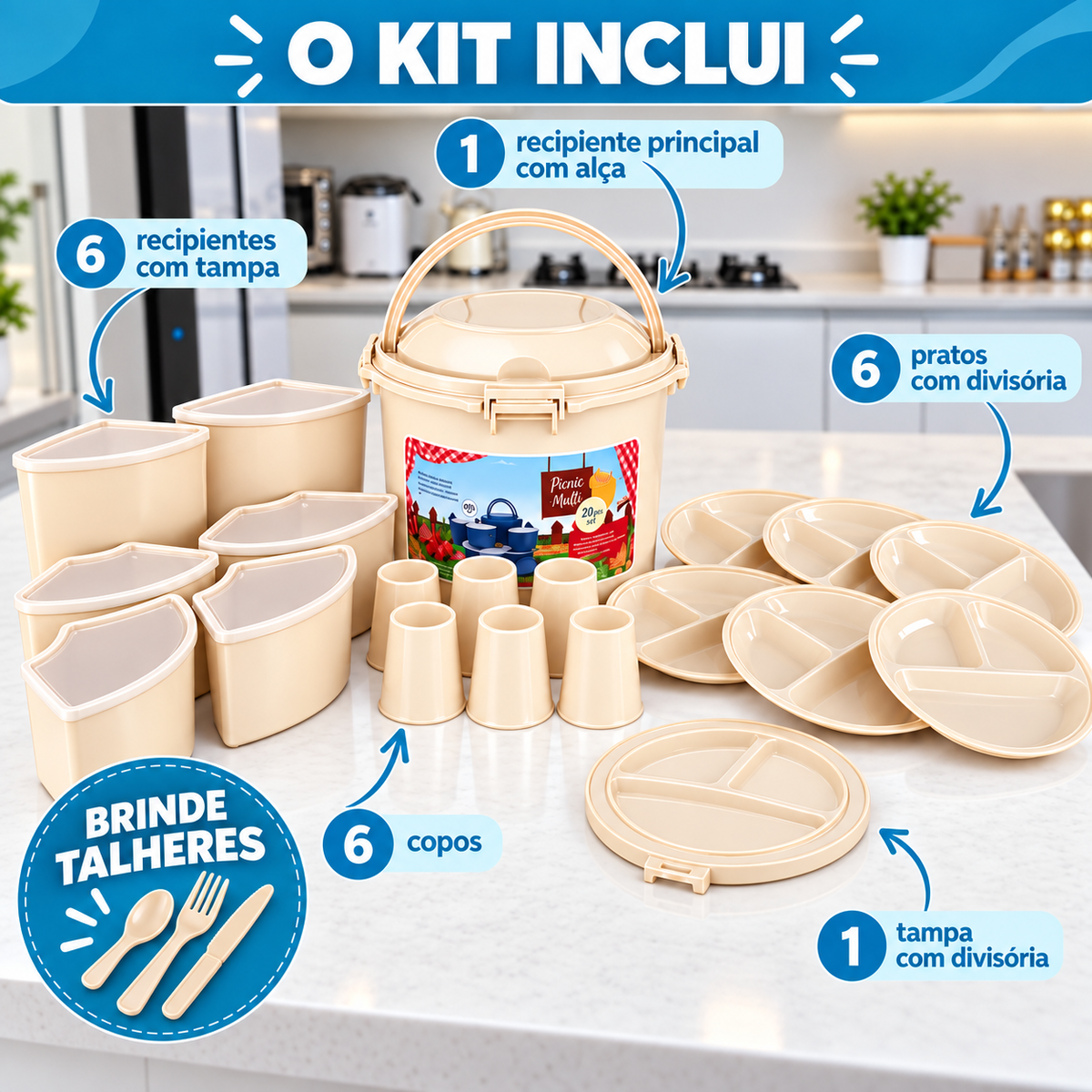 Kit Praia/Picnic SunnyWare 20 Peças (Somente hoje: Talheres de brinde 🎁)