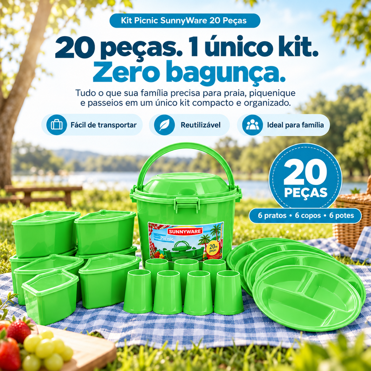 Kit Praia/Picnic SunnyWare 20 Peças (Somente hoje: Talheres de brinde 🎁)