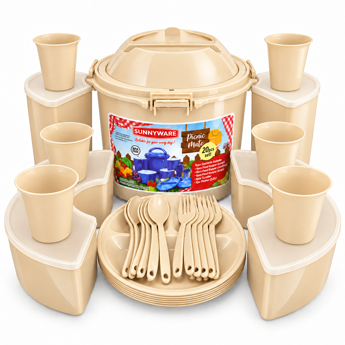 Kit Praia/Picnic SunnyWare 20 Peças (Somente hoje: Talheres de brinde 🎁)